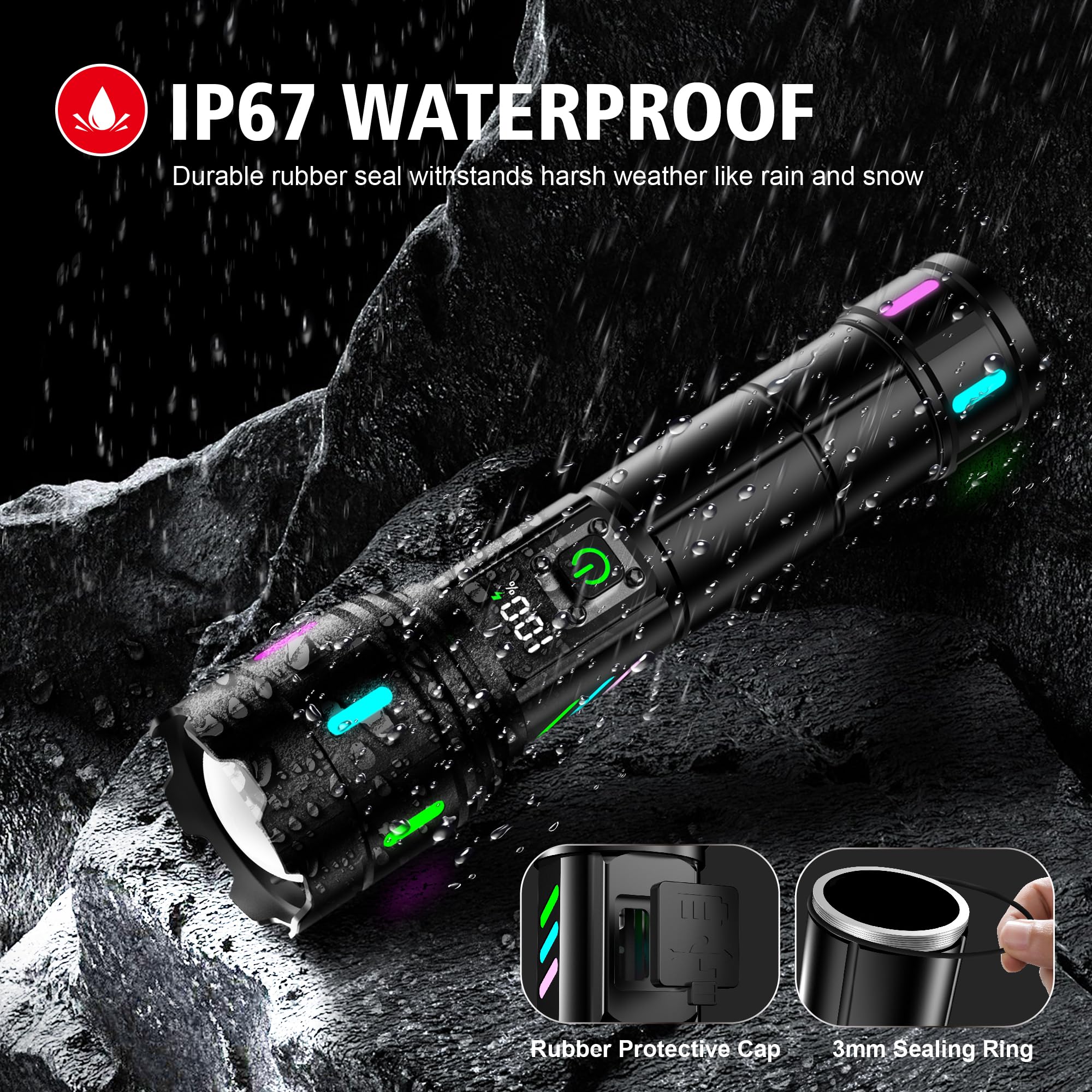 Torches LED Super Bright Rechargeable - 30W 500000 Lumens Powerful Torch with LCD Display XHM90.2 Tactical Flashlight 5 Modes & Zoomable Flash Light IP67 Waterproof for Emergency, Camping, Dog Walking