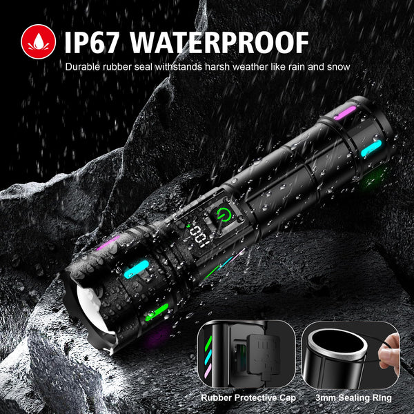 Torches LED Super Bright Rechargeable - 30W 500000 Lumens Powerful Torch with LCD Display XHM90.2 Tactical Flashlight 5 Modes & Zoomable Flash Light IP67 Waterproof for Emergency, Camping, Dog Walking