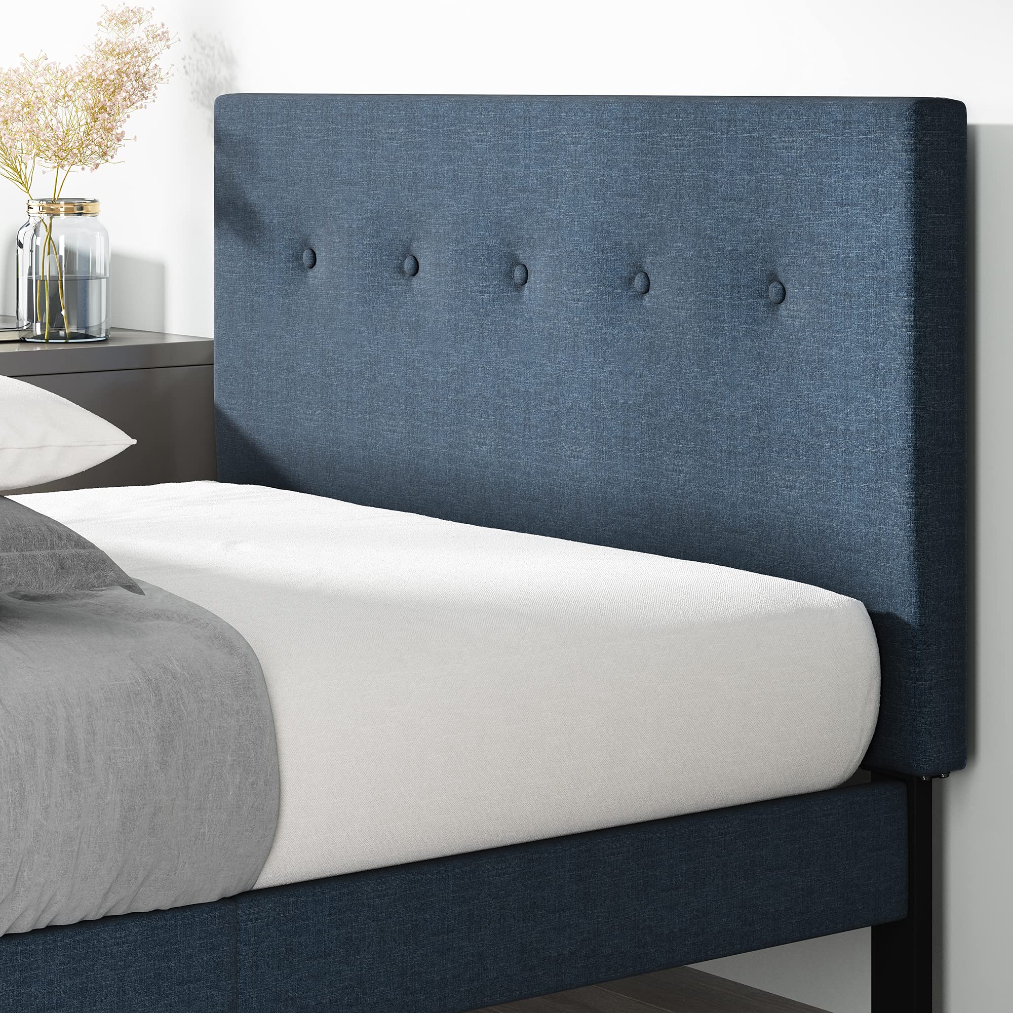 Zinus Omkaram Single Bed frame - Bed 90x190 cm - 36 cm Height - Upholstered Platform Bed frame with Wood slat support - Navy Blue