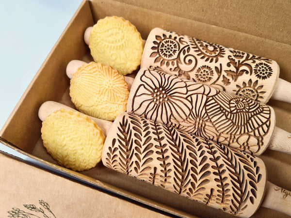 FLORAL 3 Small Textured Rolling Pinset. Wooden laser engraved embossing dough roller for embossed cookies gift for birthday, Easter, Christmas by
