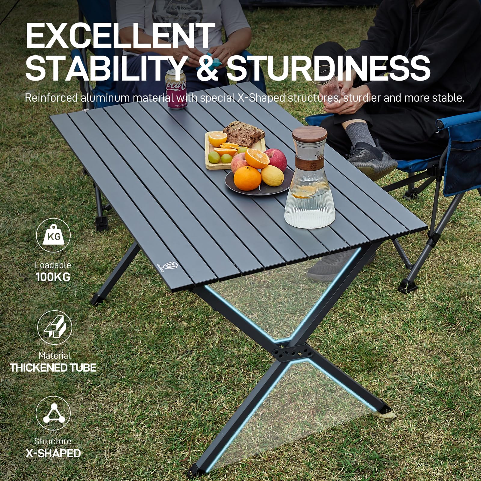 EVER ADVANCED 120X70CM Folding Camping Table with Slatted Top, Aluminium Roll Up Table Height Adjustable, Fold Up Table for 4-6 People, Folding Table