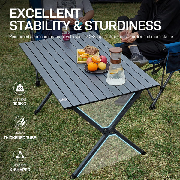 EVER ADVANCED 120X70CM Folding Camping Table with Slatted Top, Aluminium Roll Up Table Height Adjustable, Fold Up Table for 4-6 People, Folding Table