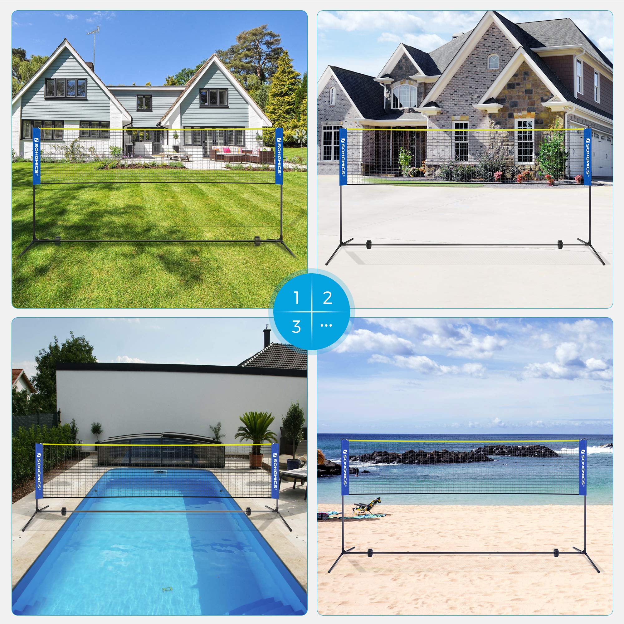 SONGMICS 3 m Badminton Net, Volleyball Net, Adjustable Poles Height, Portable Set for Tennis