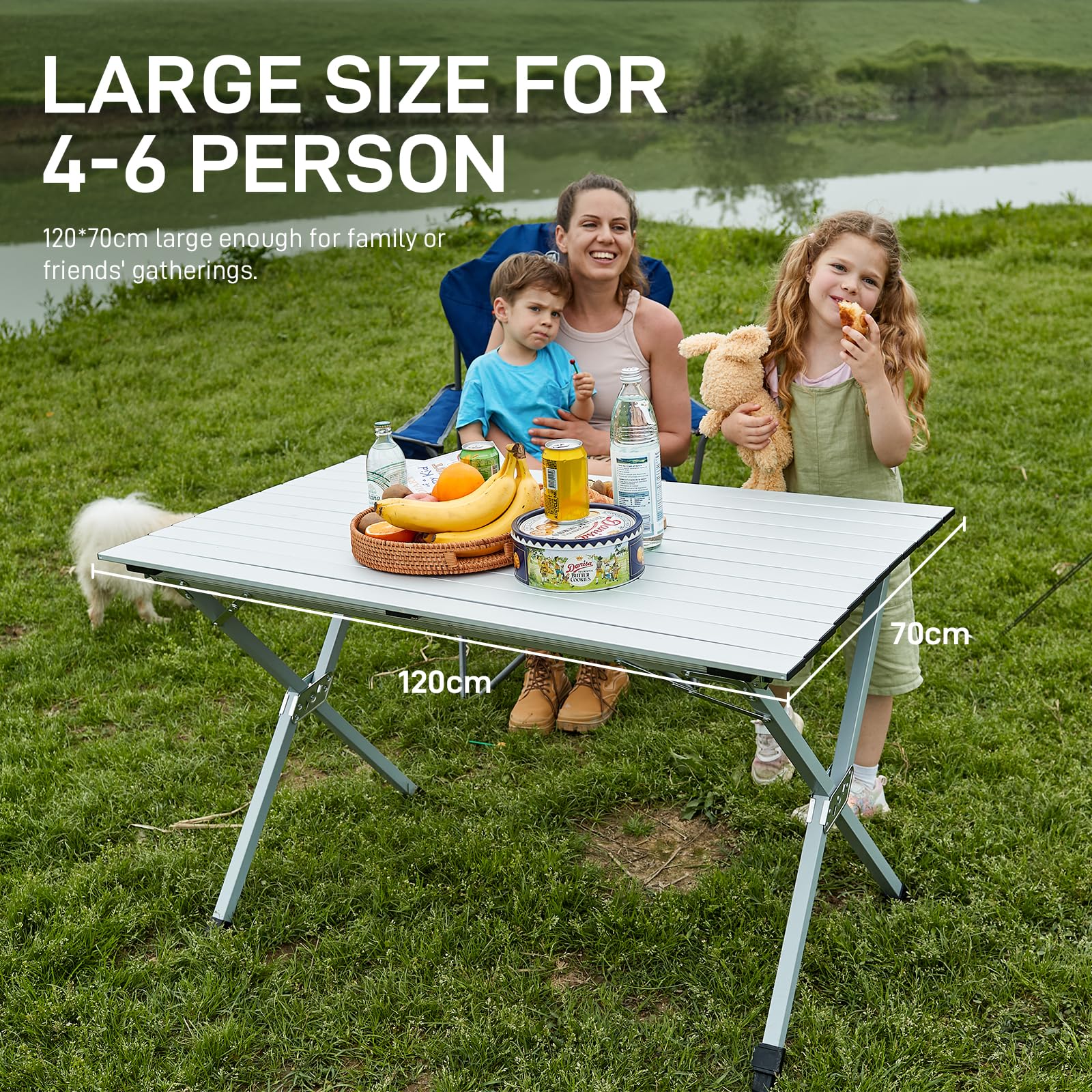 EVER ADVANCED 120X70CM Folding Camping Table with Slatted Top, Aluminium Roll Up Table Height Adjustable, Fold Up for 4-6 People, Folding with