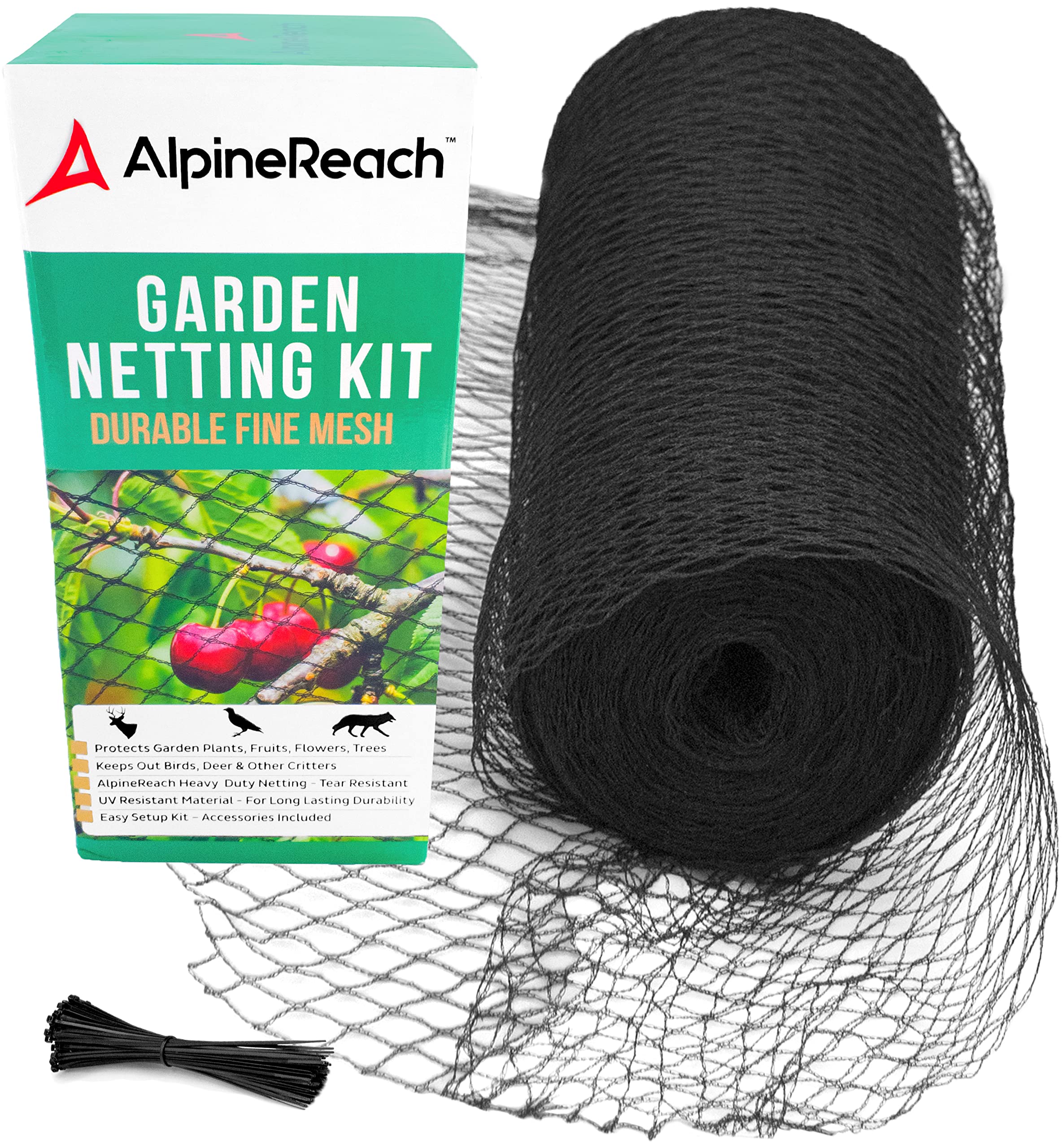 AlpineReach Garden Netting 4.5m x 15m Extra Strong Woven Mesh Bird Netting Heavy Duty Kit - Protect Plants & Fruit Trees Against Animals & Deer