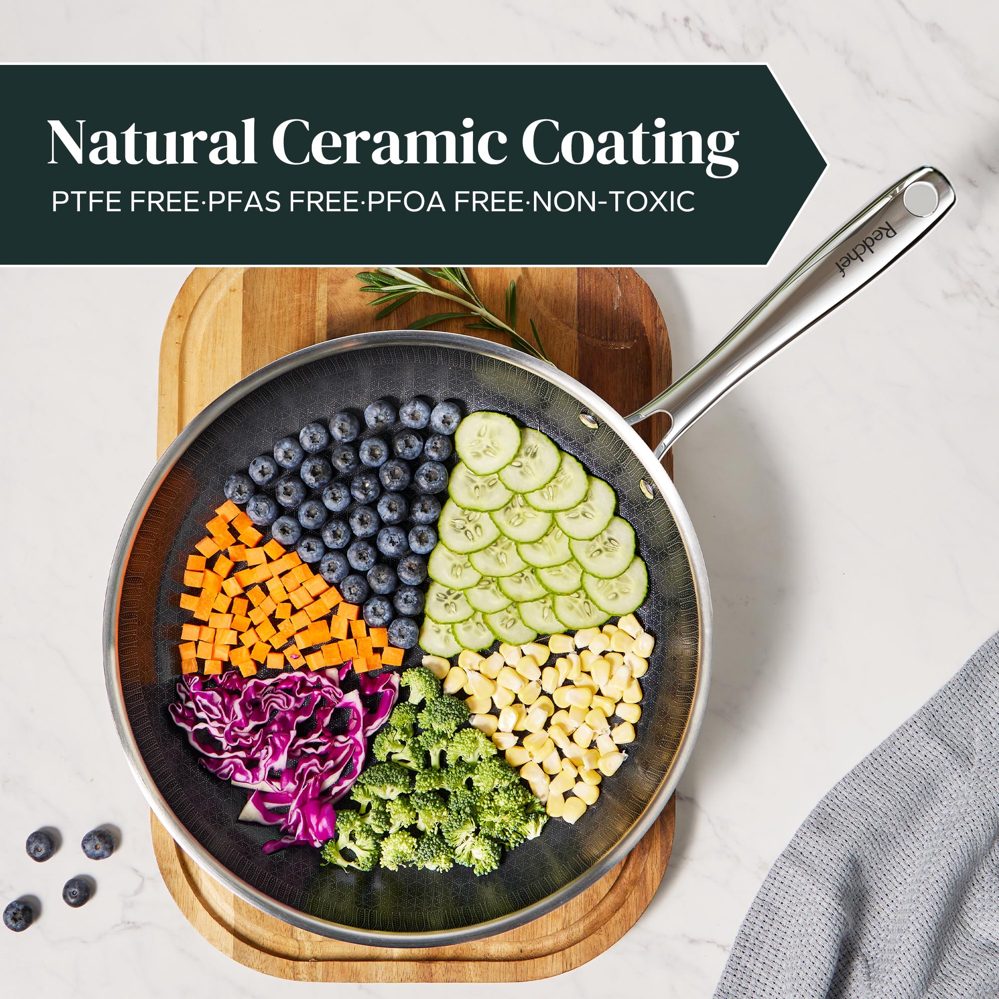 Redchef Non Stick Hybrid Egg/Omelette Pan,20cm Ceramic Frying Pan,Tri-Ply Stainless Steel Skillet,Non Toxic,PFAS PFOA/PTFE Free,Dishwasher/Oven Safe,Suitable for Induction Hobs,8"(Beige)