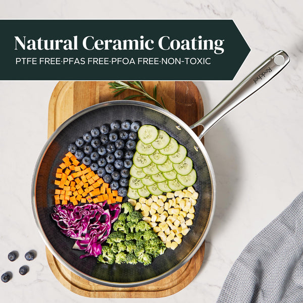 Redchef Non Stick Hybrid Egg/Omelette Pan,20cm Ceramic Frying Pan,Tri-Ply Stainless Steel Skillet,Non Toxic,PFAS PFOA/PTFE Free,Dishwasher/Oven Safe,Suitable for Induction Hobs,8"(Beige)