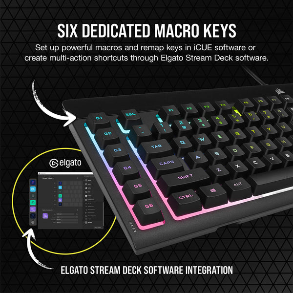 CORSAIR K55 RGB PRO Membrane Wired Gaming Keyboard – IP42 Dust and Spill-Resistant – 6 Macro Keys with Elgato Integration – iCUE Compatible – QWERTY UK – PC, Mac, Xbox – Black