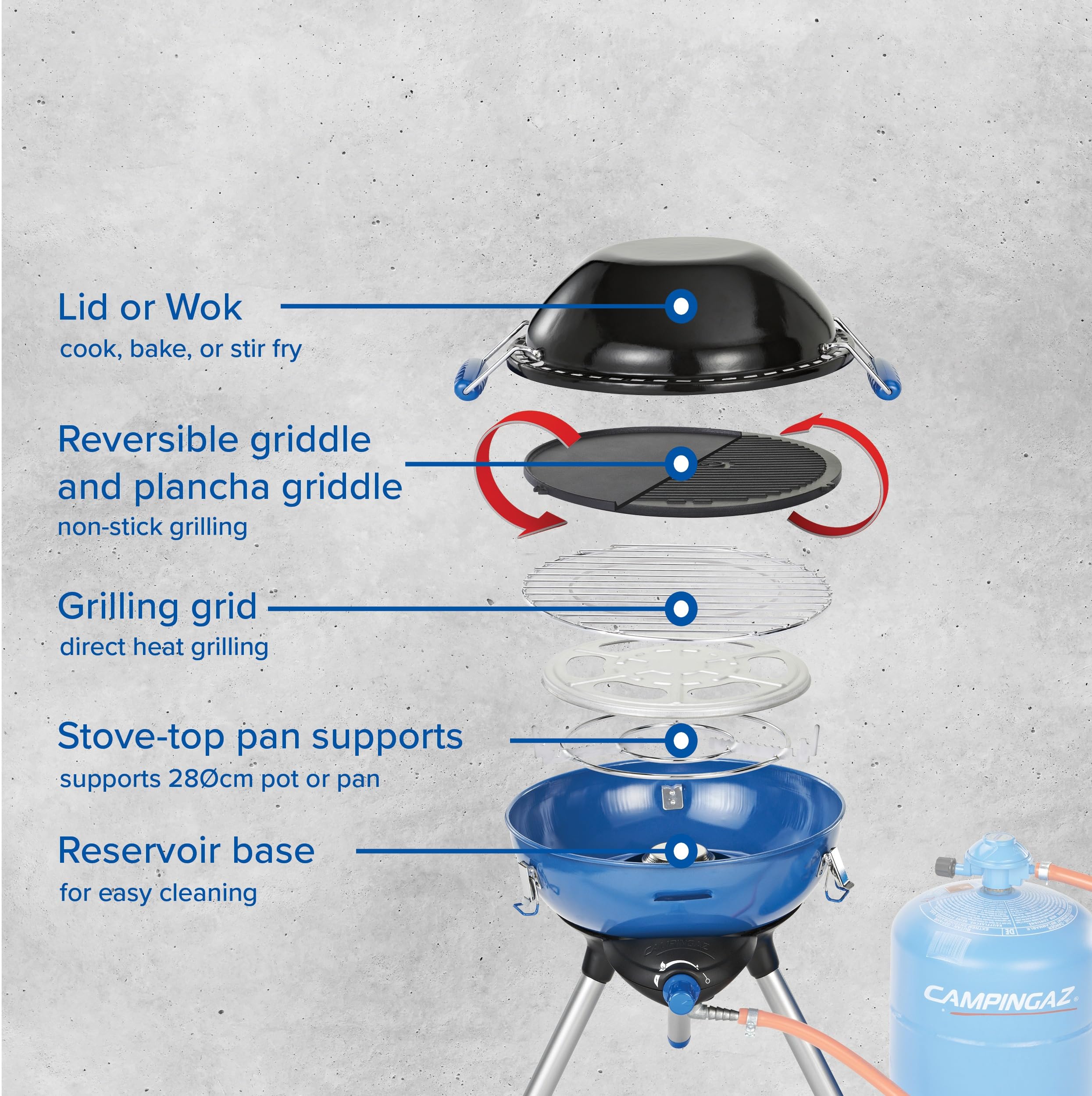 Campingaz Party Grill 400 CV, Camping Stove and Grill, All-in-One Portable Camping BBQ, with Griddle, Grid and Pan Support, Lid Doubles as Wok, Blue