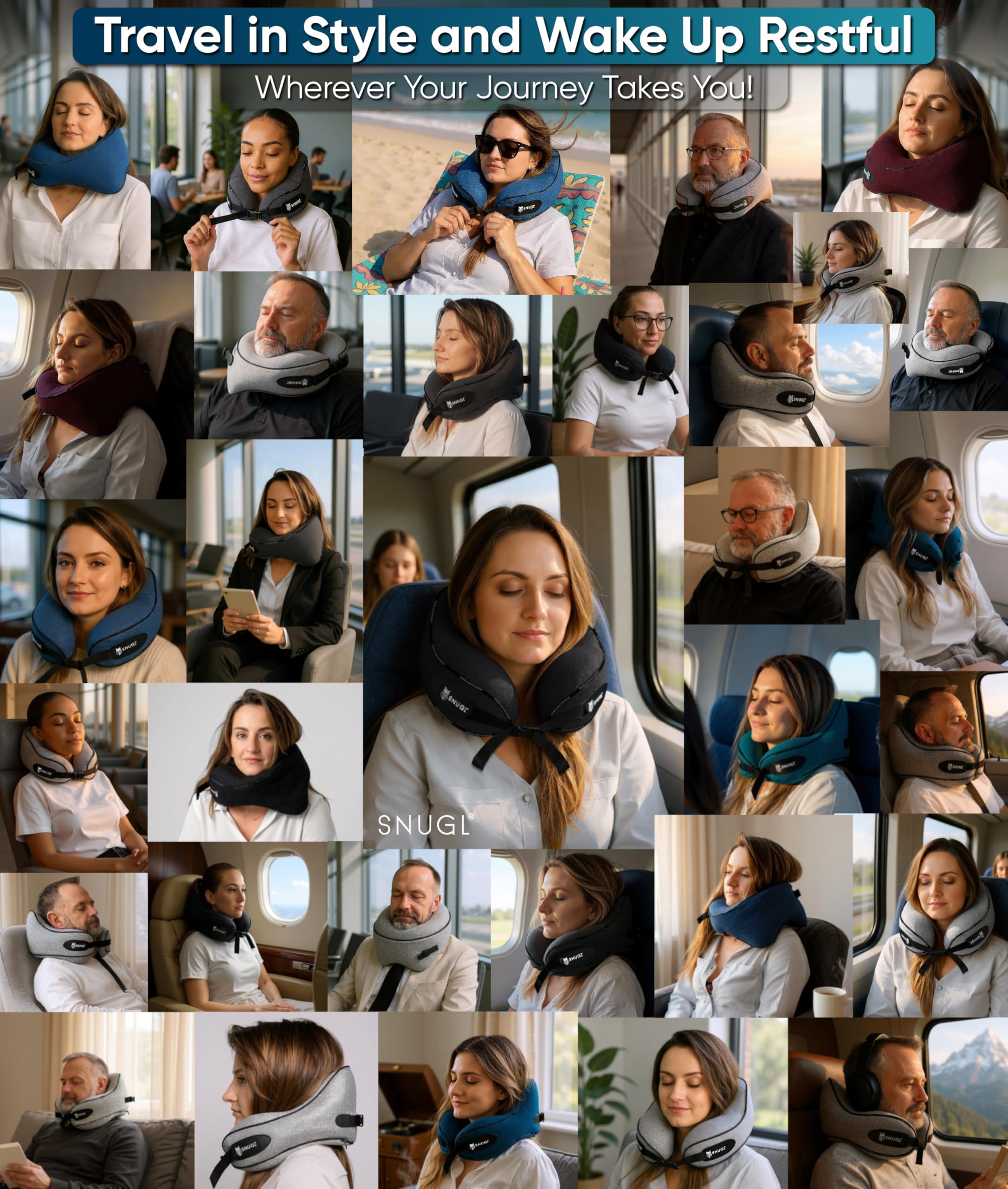 SNUGL Travel Pillow – Memory Foam Neck Pillow for Travel – Support Cushion for Airplane with Carry Bag & Clip - Holiday Essentials (Black - Adult Regular)