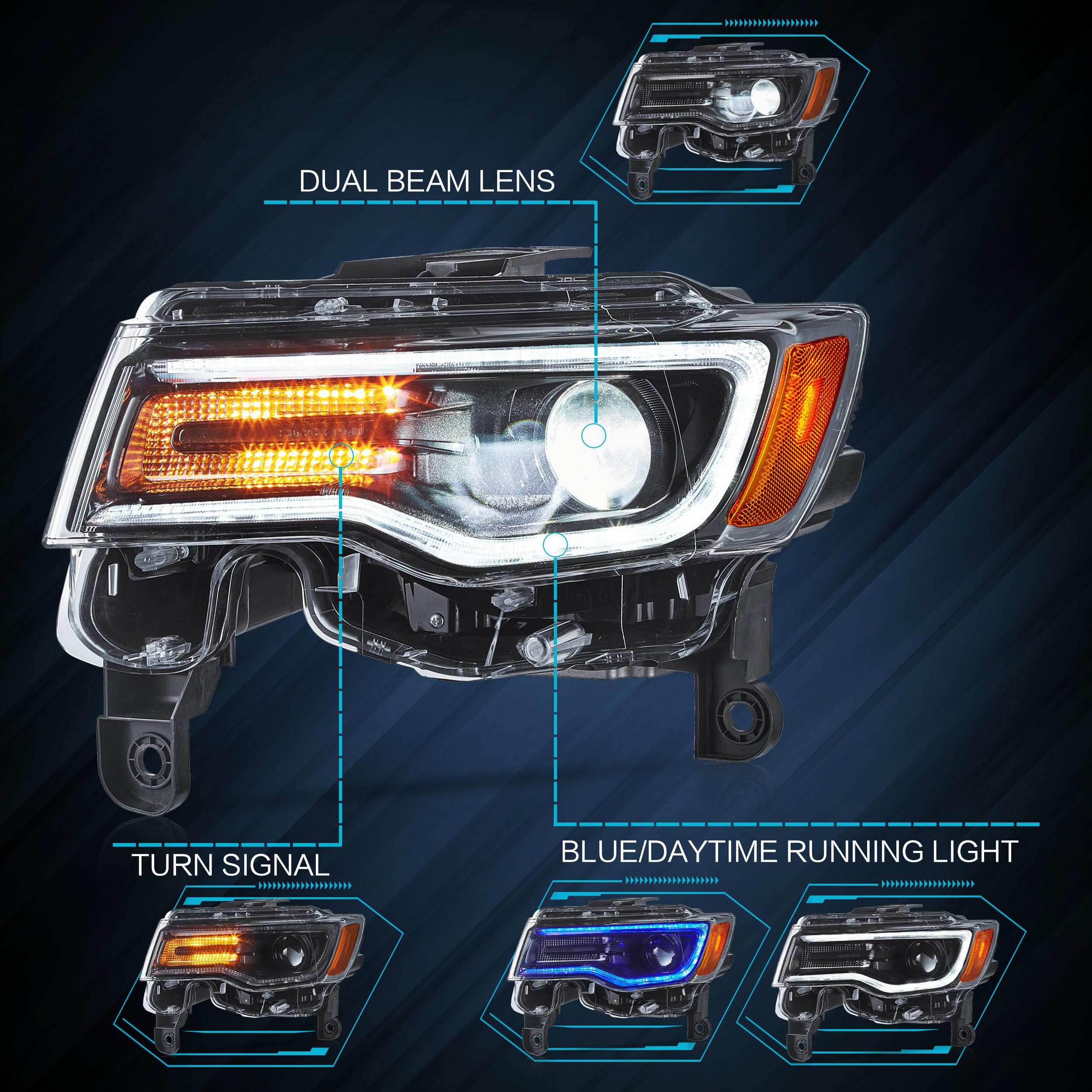 VLAND Headlights Compatible with Jeep Grand Cherokee 2014-2022, Front Light with Sequential Turn Signal and Blue Dynamic Startup DRL