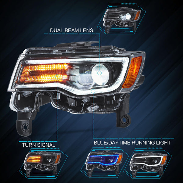 VLAND Headlights Compatible with Jeep Grand Cherokee 2014-2022, Front Light with Sequential Turn Signal and Blue Dynamic Startup DRL