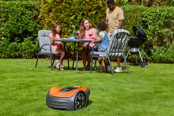 Flymo EasiLife 250 GO Robotic Lawn Mower - Cuts Up to 250 sq m, Ultra Quiet Mowing, Manicured Lawn, Bluetooth Application Control, Safety Sensors, Hose Washable, Lifestyle Functions, Orange and Grey