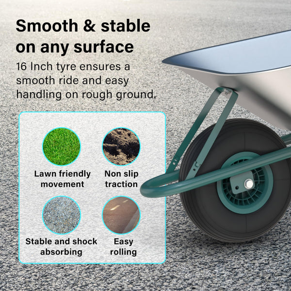 65L Wheelbarrow Home Garden, Heavy Duty Cart Galvanised Wheel Barrow with Pneumatic Tyre 100KG Load-Bear, Strong Large Transport Trolley Handcart, Suitable for Garden Work