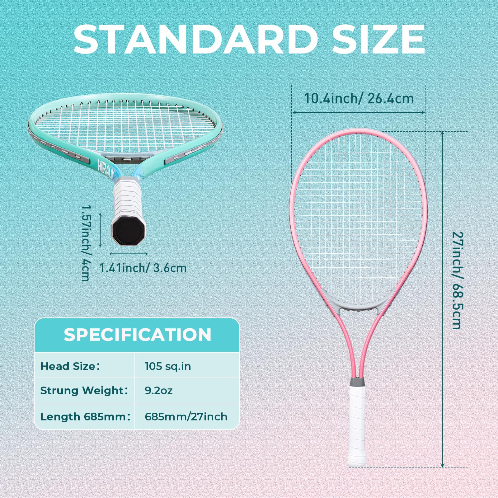 HIRALIY 27" Tennis Rackets Set of 2, 3 Tennis Balls, 2 Racquets, 2 Overgrip Tapes and 1 Carrying Bag Outdoor Recreational Sport Game (Pink/Green)