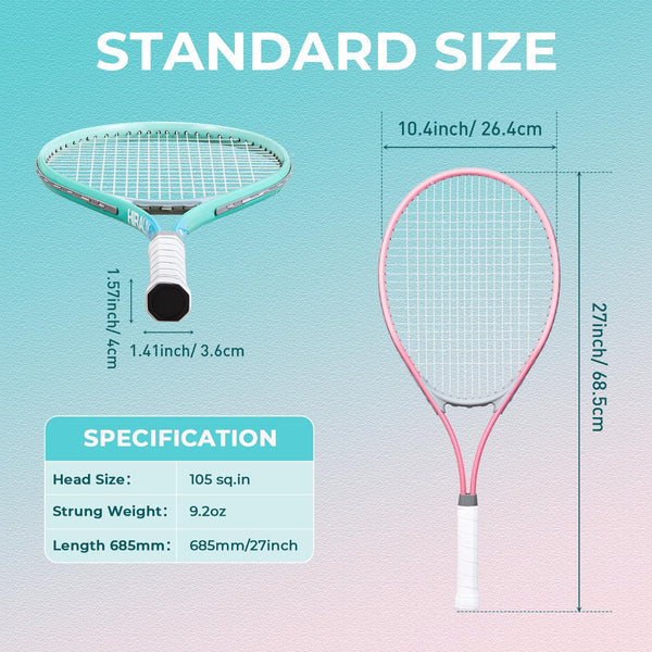 HIRALIY 27" Tennis Rackets Set of 2, 3 Tennis Balls, 2 Racquets, 2 Overgrip Tapes and 1 Carrying Bag Outdoor Recreational Sport Game (Pink/Green)