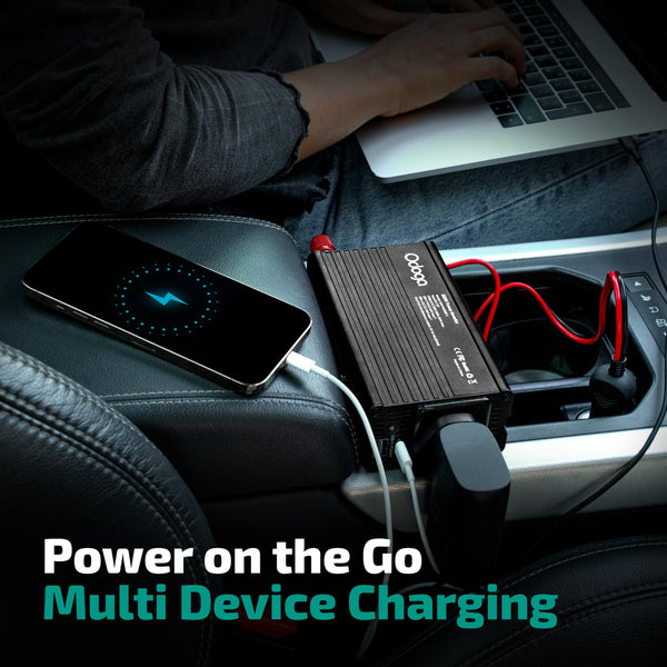 Odoga 300W Car Power Inverter 12V to 240V / 230V Converter, USB-A and USB-C 3A Charging Ports - Charge Your Laptop, iPad, iPhone, Tablet, Consoles & More - Durable and Powerful - Black Aluminum Body