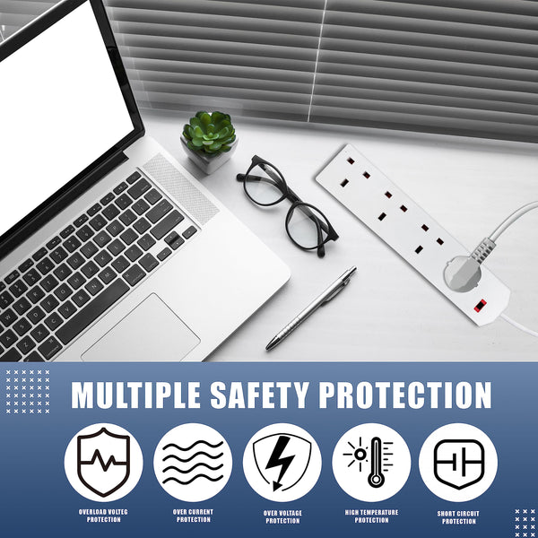 K-MART Heavy Duty Extension Lead UK Pin Plug and Cable, 4 Gang Way 2m Power Adapter, Multi Socket Mains Strip (White, 1 Pack)