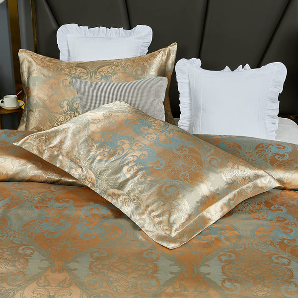 HMtideby Jacquard Duvet Cover Set Double Microfiber Bedding Sets 3 pcs Gold Duvet Quilt Cover with 2 Matching Pillow Cases 200x200cm