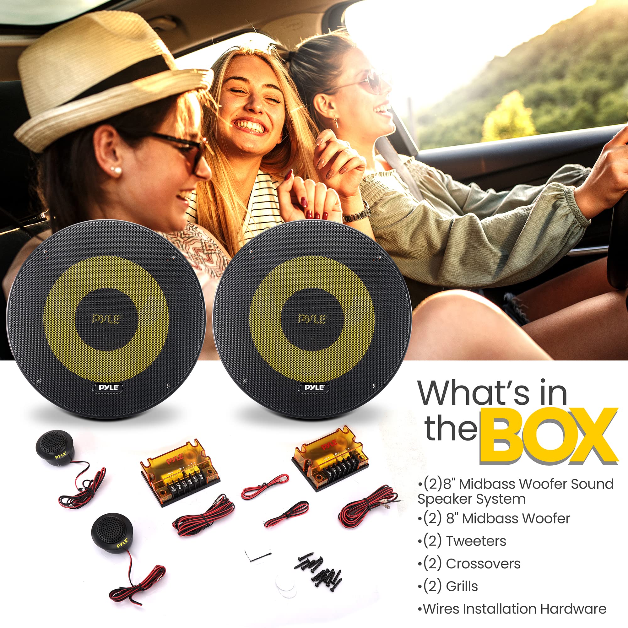 Pyle Car Midbass Speaker System - Pro 8 Inch 400 Watt 4 Ohm Auto Mid-Bass Component Poly Woofer Audio Sound Speakers For Car Stereo w/ 40 Oz Magnet, 50Hz-5KHz Frequency, 3.58” Mount Depth - PLG81