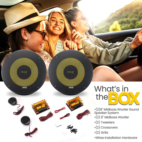 Pyle Car Midbass Speaker System - Pro 8 Inch 400 Watt 4 Ohm Auto Mid-Bass Component Poly Woofer Audio Sound Speakers For Car Stereo w/ 40 Oz Magnet, 50Hz-5KHz Frequency, 3.58” Mount Depth - PLG81