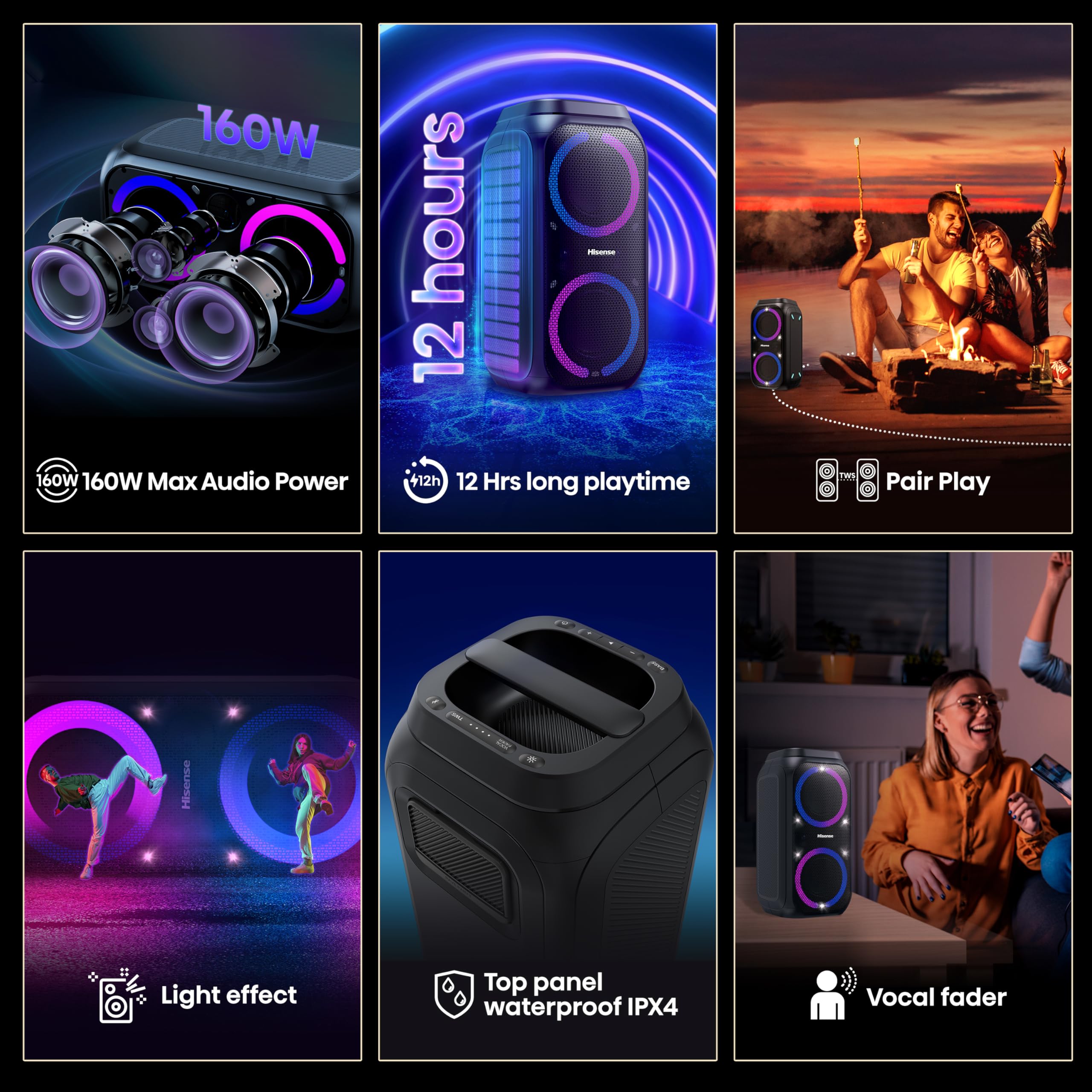 Hisense PARTY STORM, 300W Max Audio Power,15 Hrs long playtime,Karaoke Mode,Lighting effects, Wireless charge the phone, IPX4 Waterproof, Bluetooth 5.0