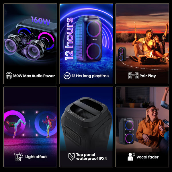 Hisense PARTY STORM, 300W Max Audio Power,15 Hrs long playtime,Karaoke Mode,Lighting effects, Wireless charge the phone, IPX4 Waterproof, Bluetooth 5.0