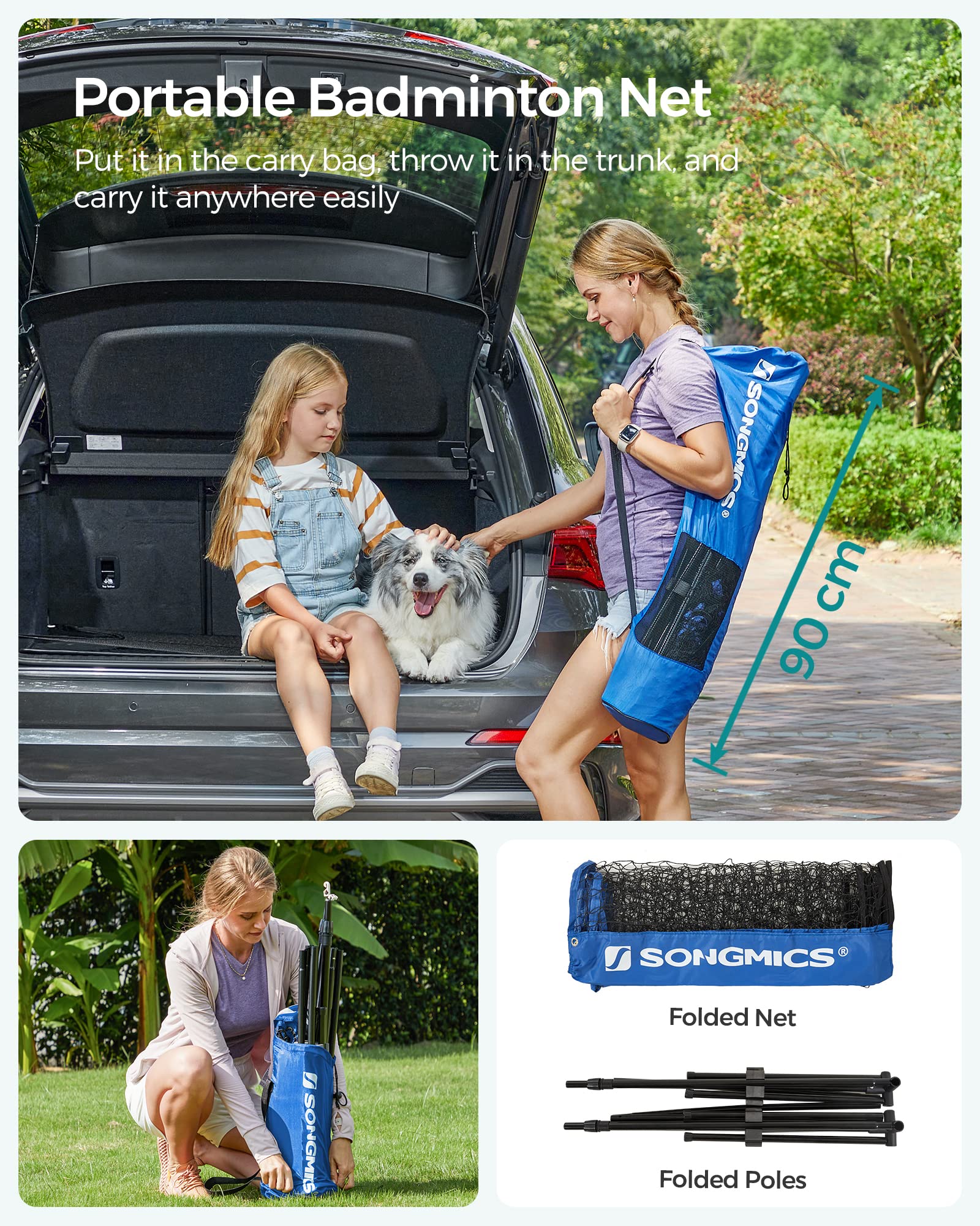 SONGMICS 3 m Badminton Net, Volleyball Net, Adjustable Poles Height, Portable Set for Tennis