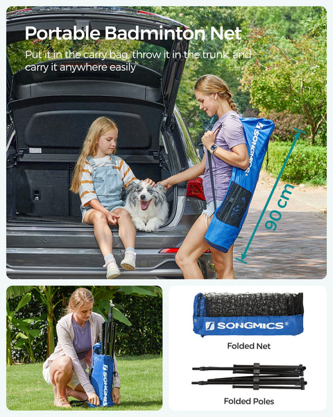 SONGMICS 3 m Badminton Net, Volleyball Net, Adjustable Poles Height, Portable Set for Tennis