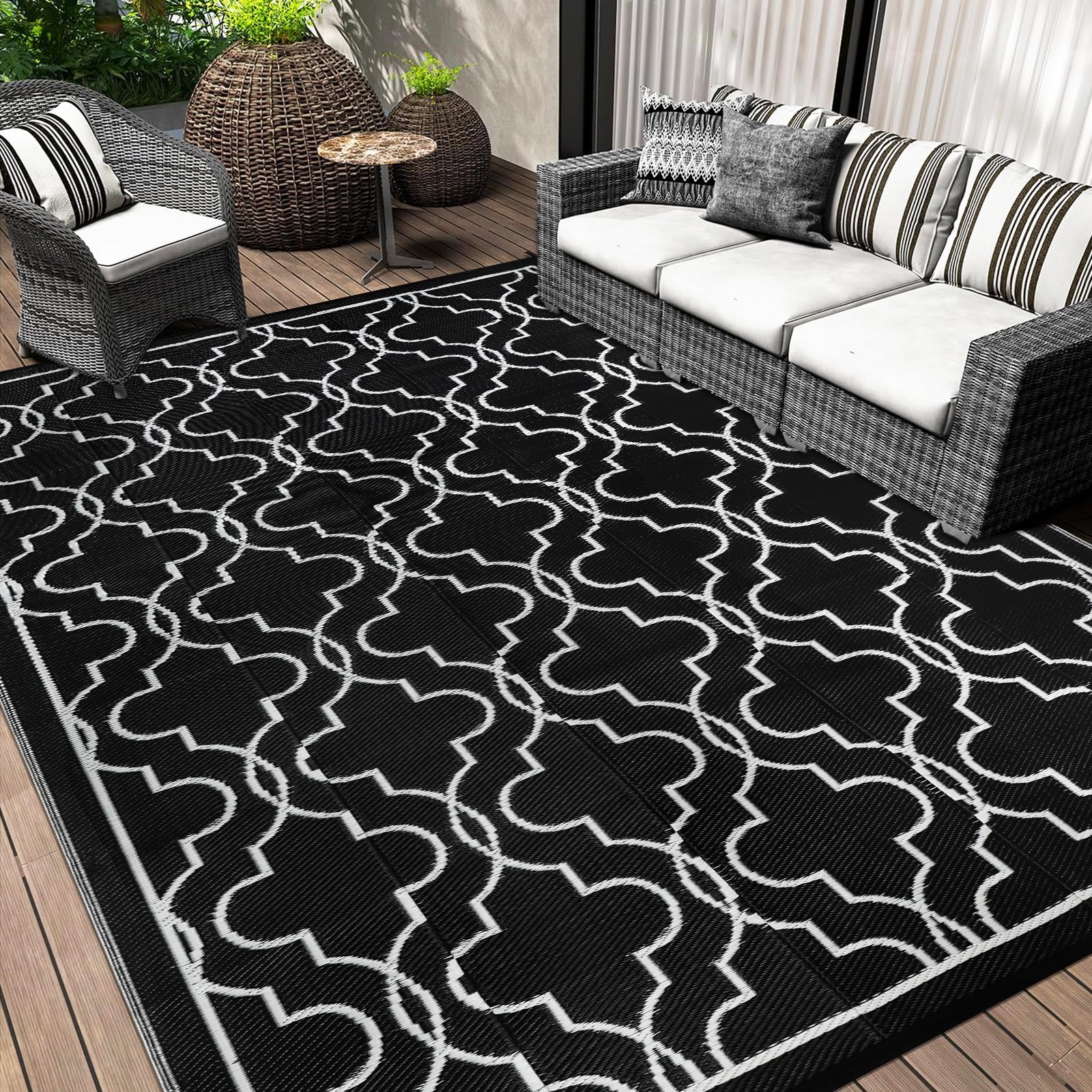 Cekene Large Outdoor Rug Waterproof Black 245x305cm Patio Rugs Reversible RV Camping Mat Lightweight Plastic Portable Outdoor Carpet for Picnic Porch Deck Backyard BBQ Beach