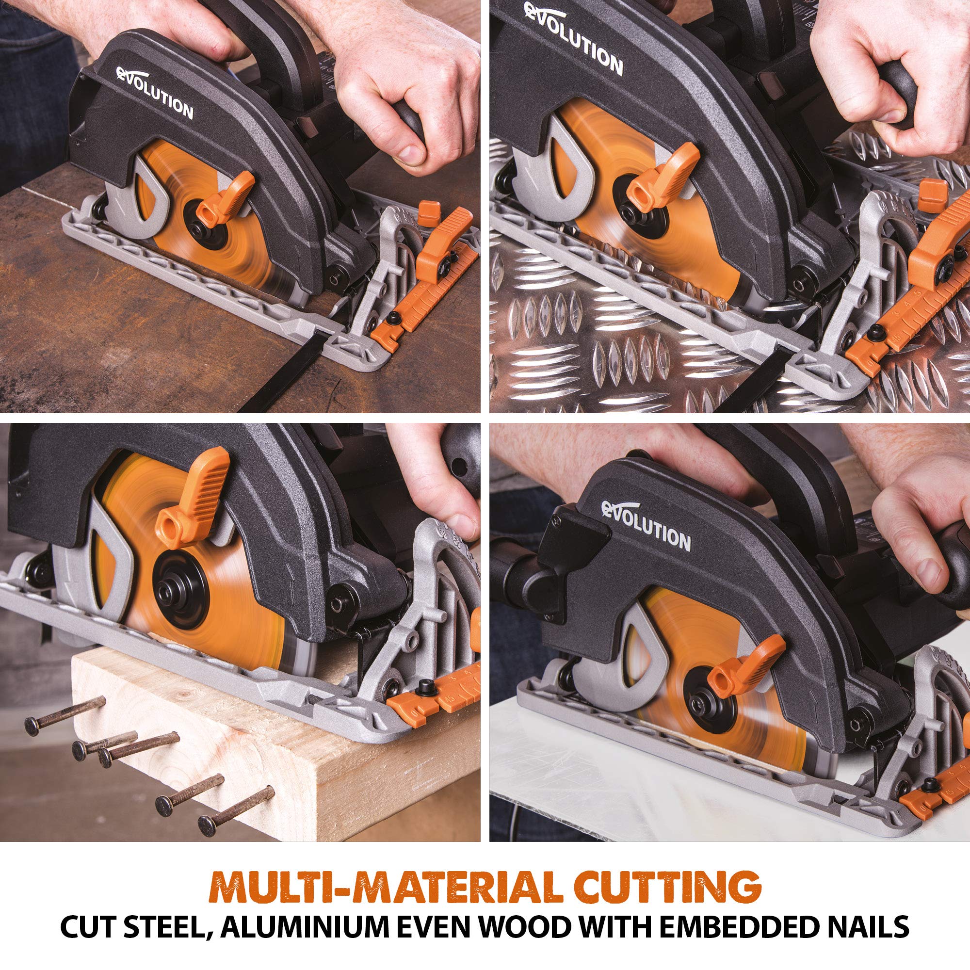 Evolution Power Tools R185CCSX Circular Saw With 1020 mm 3-Piece Track | Multi-Material Blade, Cuts Wood, Metal, Plastic & More | Incl Dust Port Adapter | 185mm (230v)