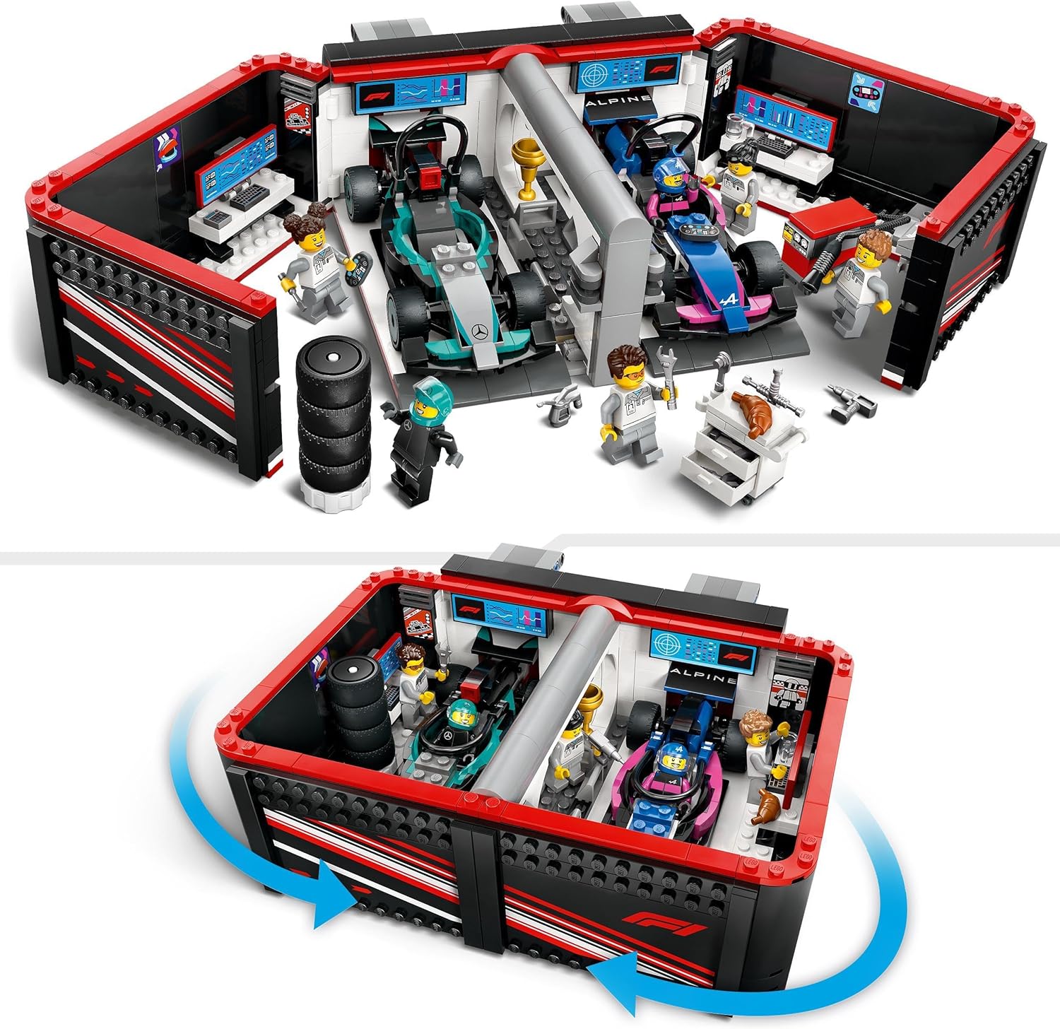 LEGO City F1 Garage & Mercedes-AMG & Alpine Cars - Toy Formula 1 Racing Vehicles Set - Easter Treat with 2 Drivers & 4 Mechanic Minifigures - Gifts for 7+ Year Old Boys & Girls or Adult Fans - 60444