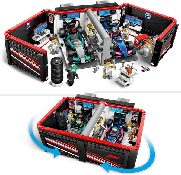 LEGO City F1 Garage & Mercedes-AMG & Alpine Cars - Toy Formula 1 Racing Vehicles Set - Easter Treat with 2 Drivers & 4 Mechanic Minifigures - Gifts for 7+ Year Old Boys & Girls or Adult Fans - 60444