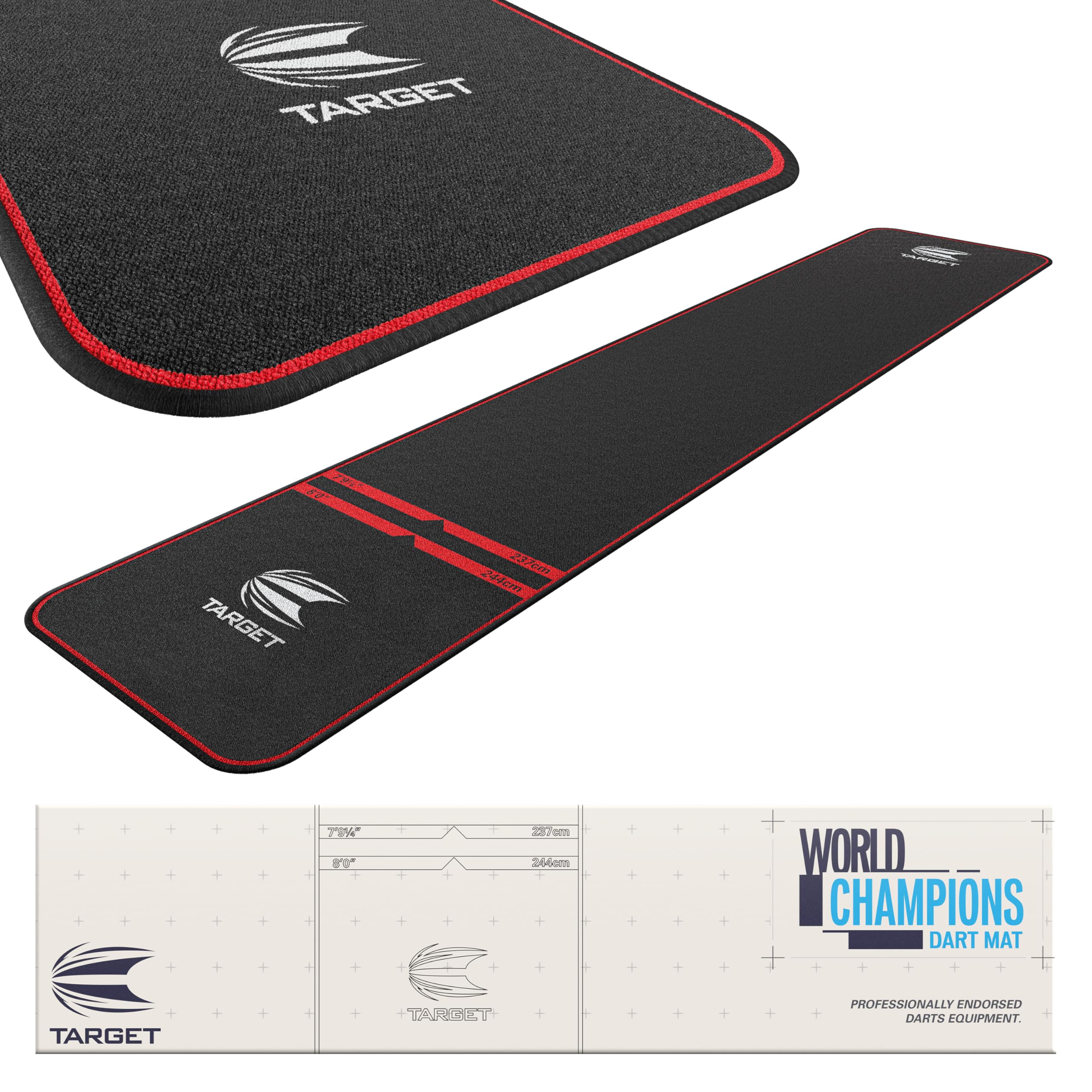 TARGET Darts World Champion Darts Mat Black and Red | Dart Oche Mat with Soft Tip and Steel Tip Throw Line Distances | Non Slip Carpet Mats for Floor