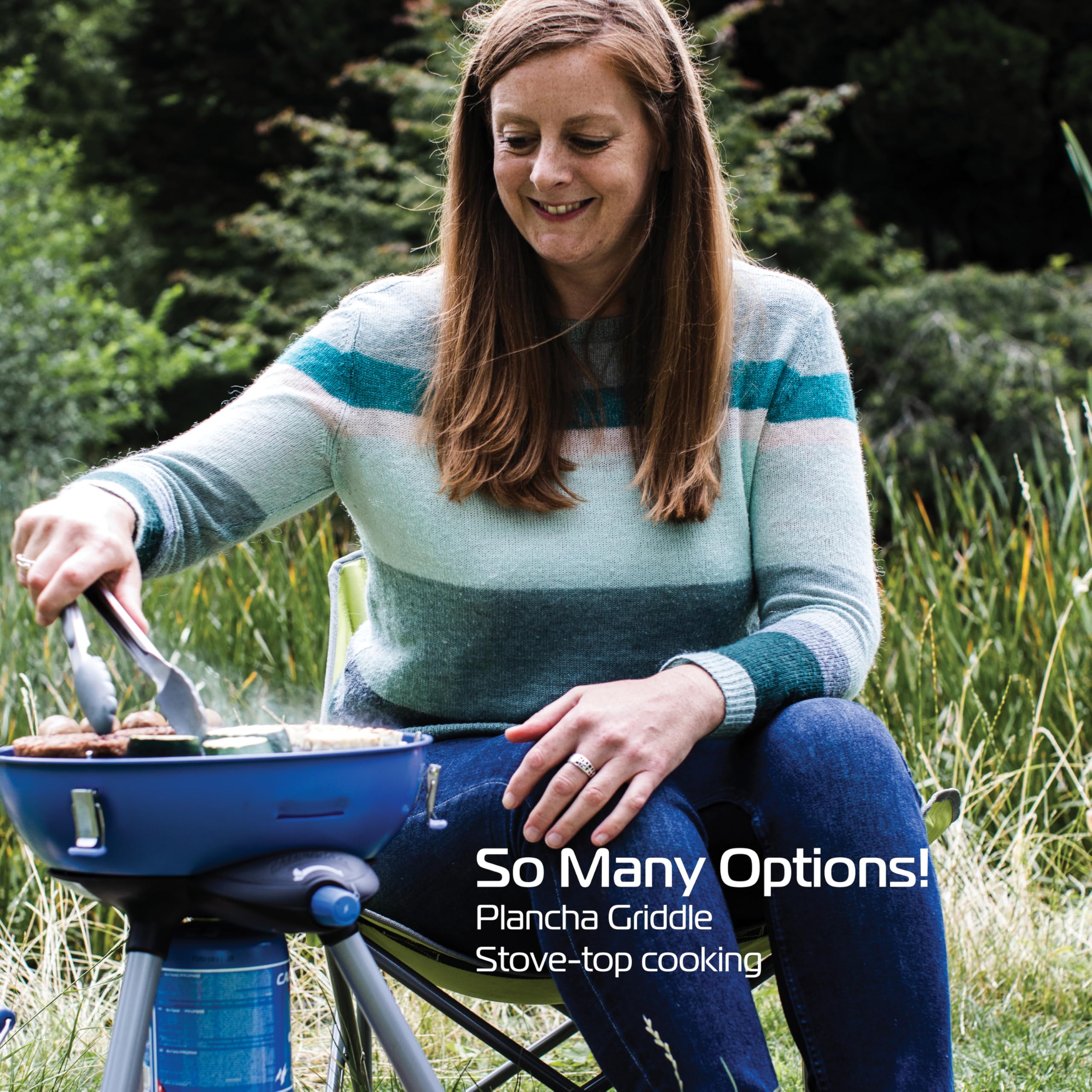 Campingaz Party Grill 400 CV, Camping Stove and Grill, All-in-One Portable Camping BBQ, with Griddle, Grid and Pan Support, Lid Doubles as Wok, Blue