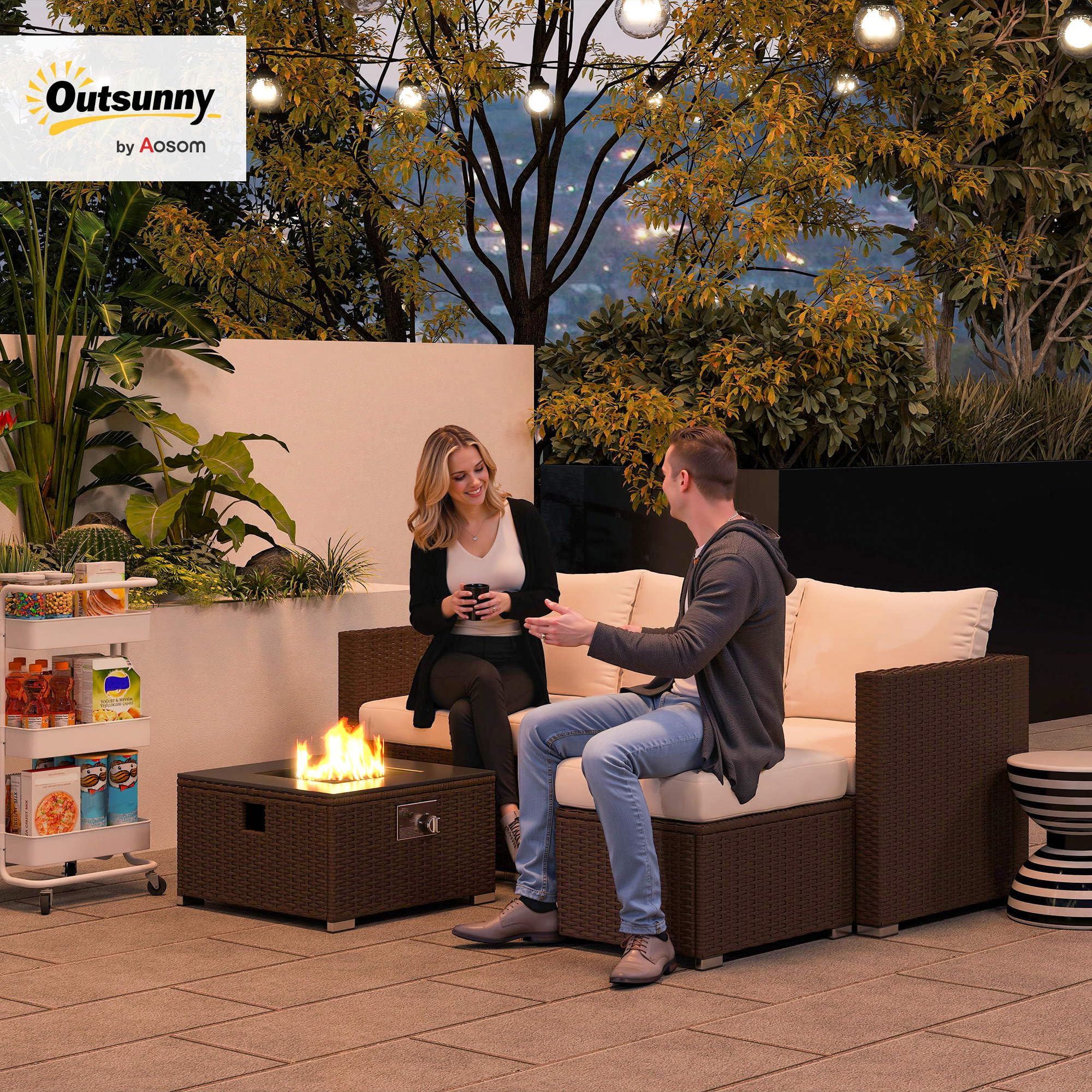 Outsunny 5 Piece Rattan Garden Furniture Set with Gas Fire Pit Table, 4 Seater Outdoor Sectional Sofa Set with Footstool and Removable Cushions, Modular Combination, Brown and Cream White