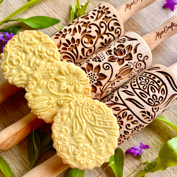 FLORET 3 Kid Rolling Pin Set with Lotus, Kashmir, Paisley, Flowering Vine, Lily Flowers Patterns. Wooden Laser Cut Mini Rolling Pins for Cookies, Play