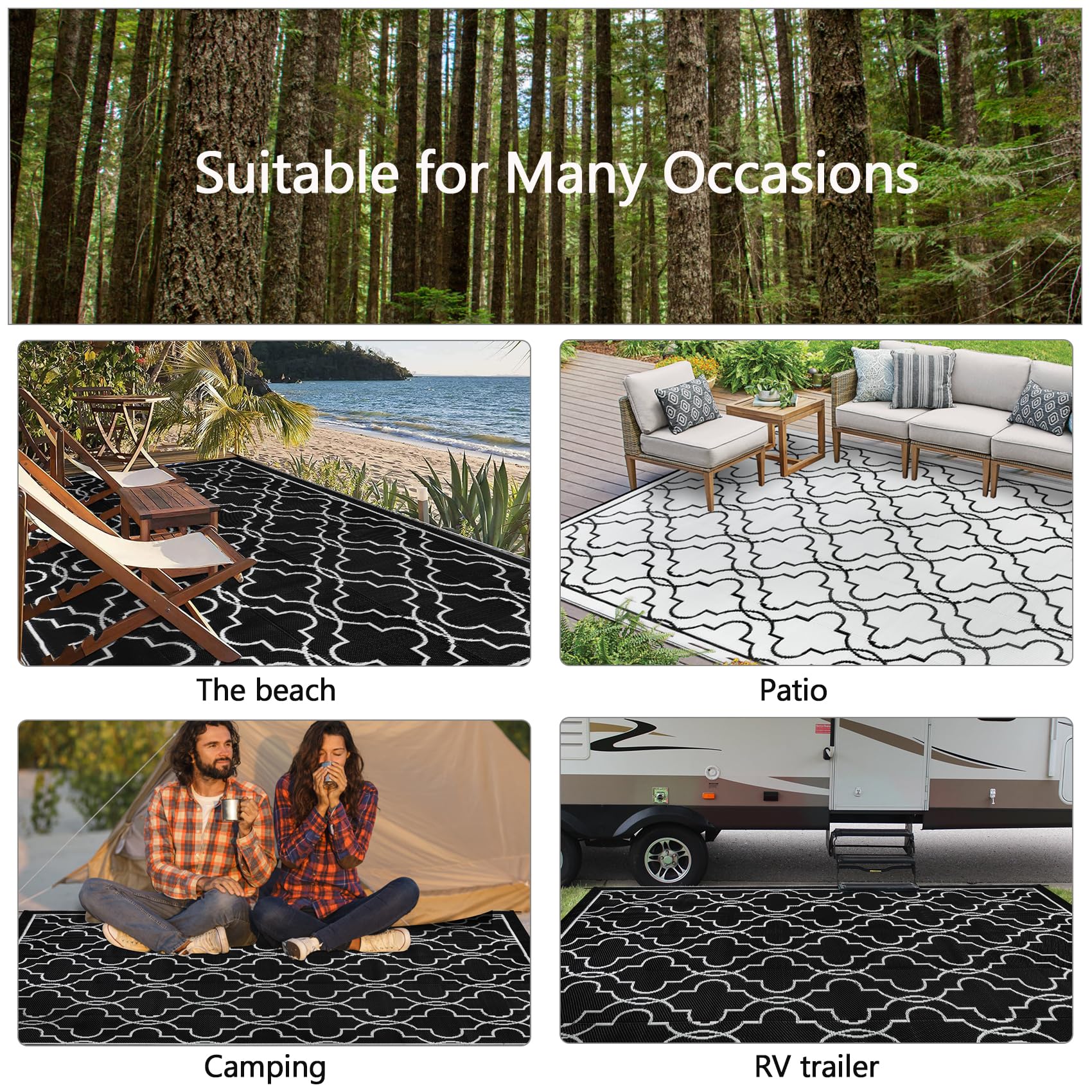 Cekene Large Outdoor Rug Waterproof Black 245x305cm Patio Rugs Reversible RV Camping Mat Lightweight Plastic Portable Outdoor Carpet for Picnic Porch Deck Backyard BBQ Beach