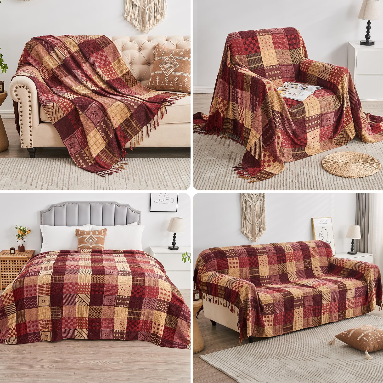 Edcooy Boho Throw Blanket,Patchwork Large Blankets for Sofa Double Bed Armchair Couch,Weighted Soft Furniture Throws,Tassels Chenille Throws and