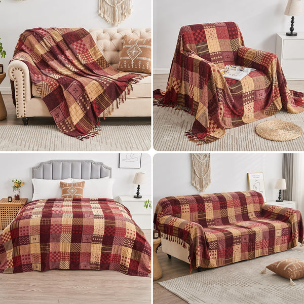Edcooy Boho Throw Blanket,Patchwork Large Blankets for Sofa Double Bed Armchair Couch,Weighted Soft Furniture Throws,Tassels Chenille Throws and