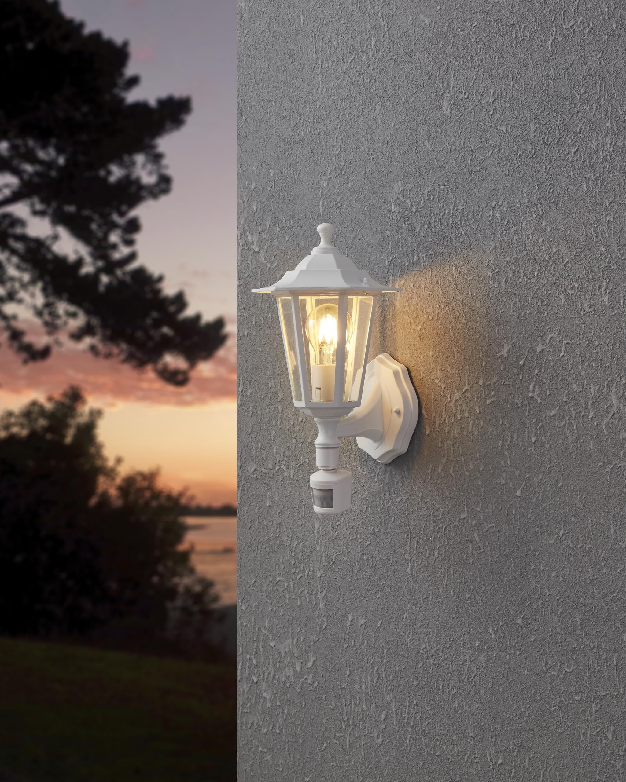 Eglo Laterna 5 Outdoor Wall Light, Motion Sensor Porch Lamp, White Cast Aluminium and Glass Exterior Light, E27 Socket, IP44