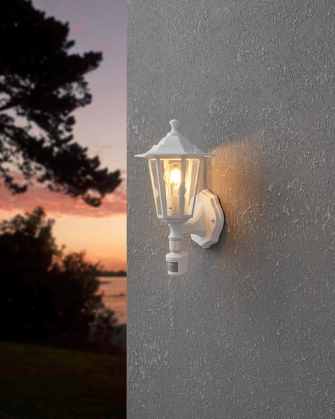 Eglo Laterna 5 Outdoor Wall Light, Motion Sensor Porch Lamp, White Cast Aluminium and Glass Exterior Light, E27 Socket, IP44