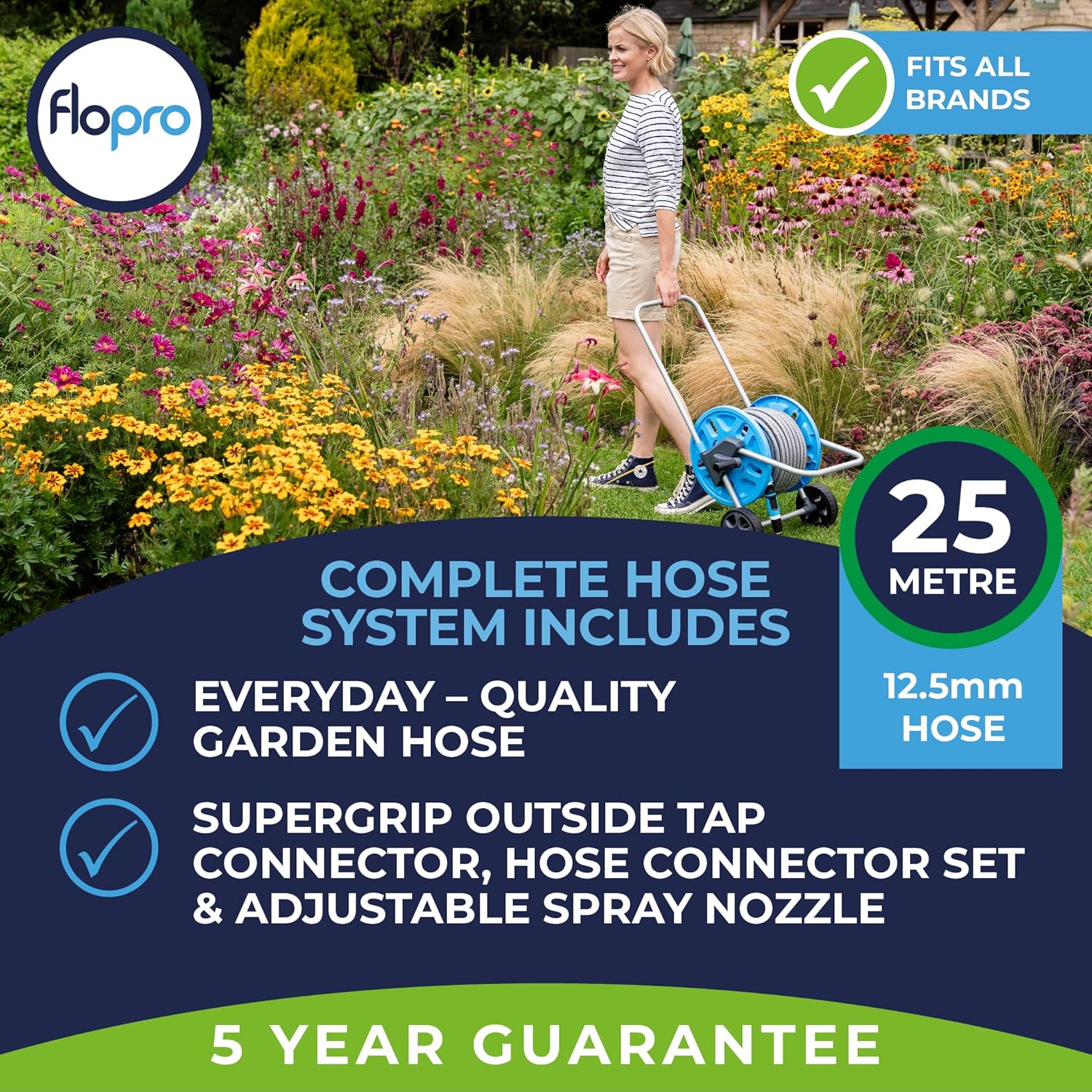 FLOPRO-Everyday Hose cart with Wheels 25m: Robust Frame for Stability, Adjustable Handle & Wide Wheels. Complete with SUPERGRIP Hose Pipe Connector Set & Nozzle- Fits All Brands. 3 Year Guarantee