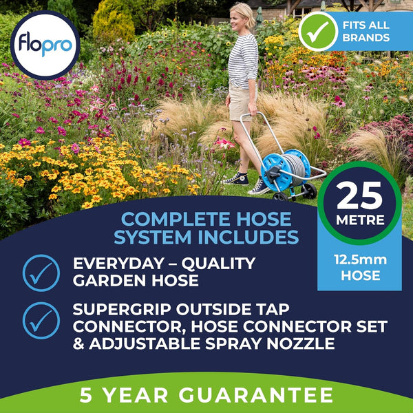 FLOPRO-Everyday Hose cart with Wheels 25m: Robust Frame for Stability, Adjustable Handle & Wide Wheels. Complete with SUPERGRIP Hose Pipe Connector Set & Nozzle- Fits All Brands. 3 Year Guarantee