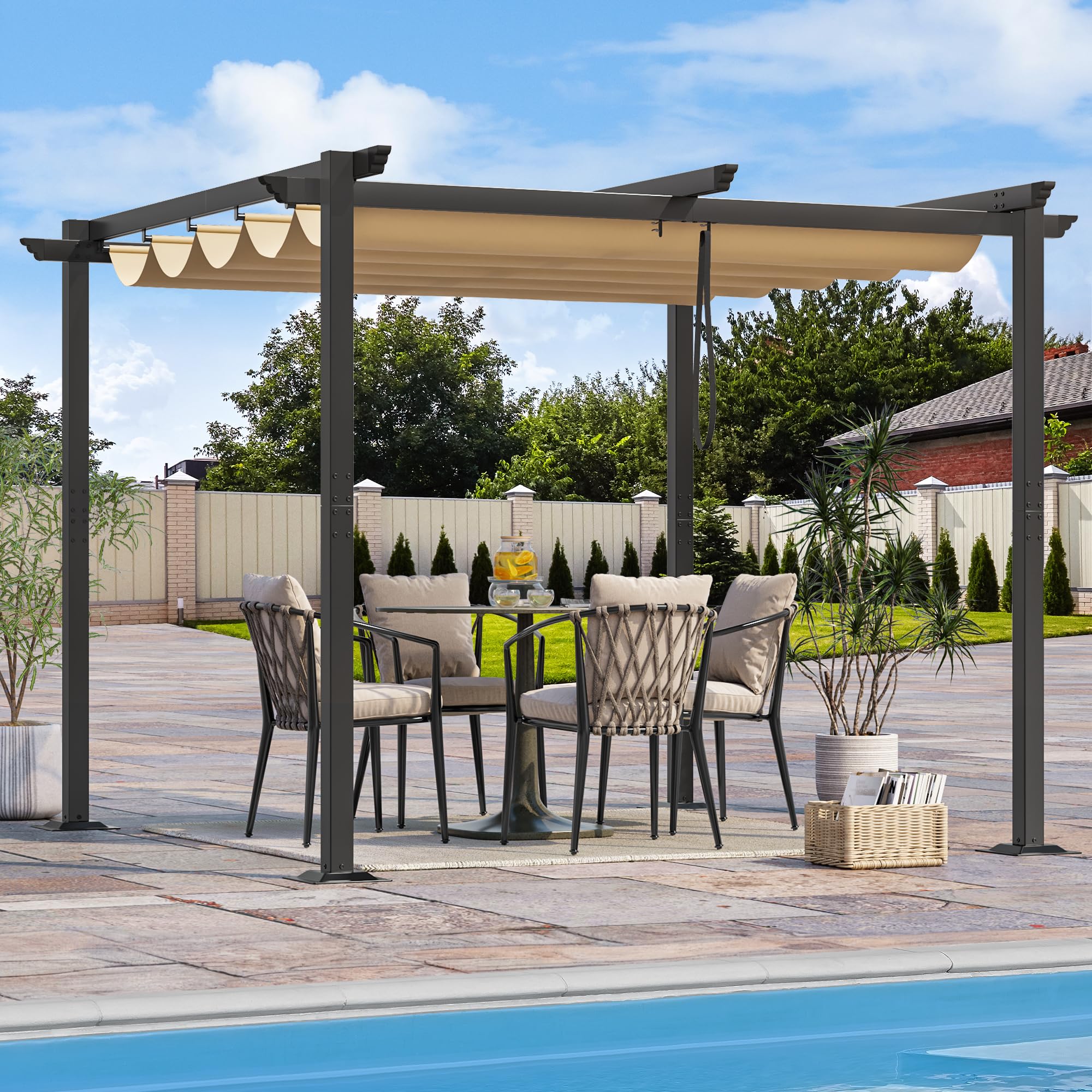 Metal Pergola with Retractable Roof, Outdoor Pergola Includes Water-Resistant and SPF 15 PU Coated Canopy, Sun Shade for Barbecue Events, Garden Parties, and Lawn in Dark grey 3x3Meter