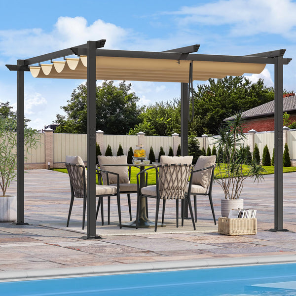 Metal Pergola with Retractable Roof, Outdoor Pergola Includes Water-Resistant and SPF 15 PU Coated Canopy, Sun Shade for Barbecue Events, Garden Parties, and Lawn in Dark grey 3x3Meter