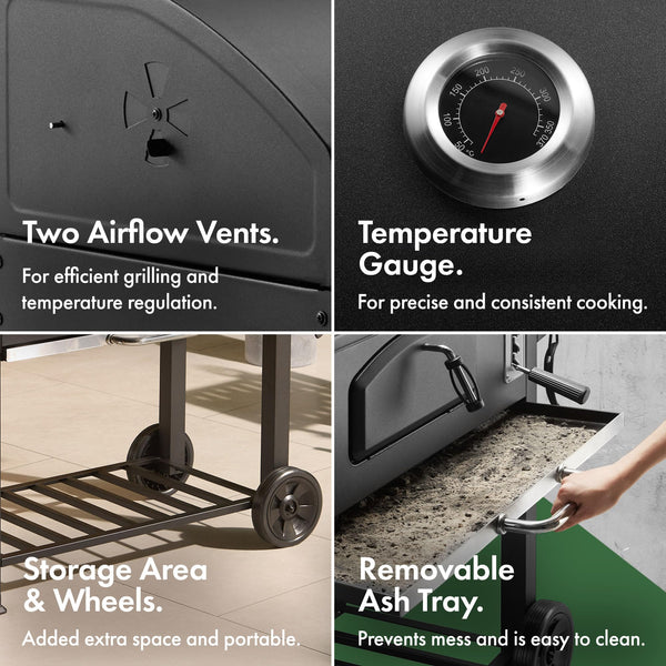 VonHaus Charcoal BBQ – XL Portable Barbecue with Warming Rack, Fold Down Shelves, Temperature Gauge, Wheels, Cooking Grill, Air Vents – 2 in 1 Barbeque and Smoker – Grill Meat, Fish & Vegetables