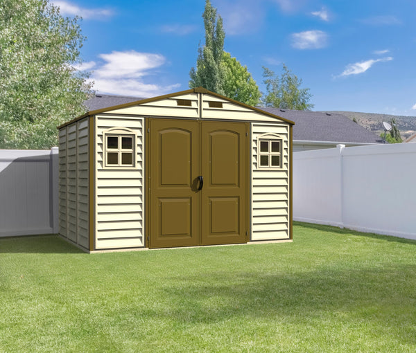 Duramax WoodSide 10 x 8 (8.02 m2) Plastic Garden Shed with 3 Fixed Windows & Metal Foundation Kit, Strong Metal Roof Structure Fire Retardant and Maintenance-Free Storage Shed - Ivory/Brown