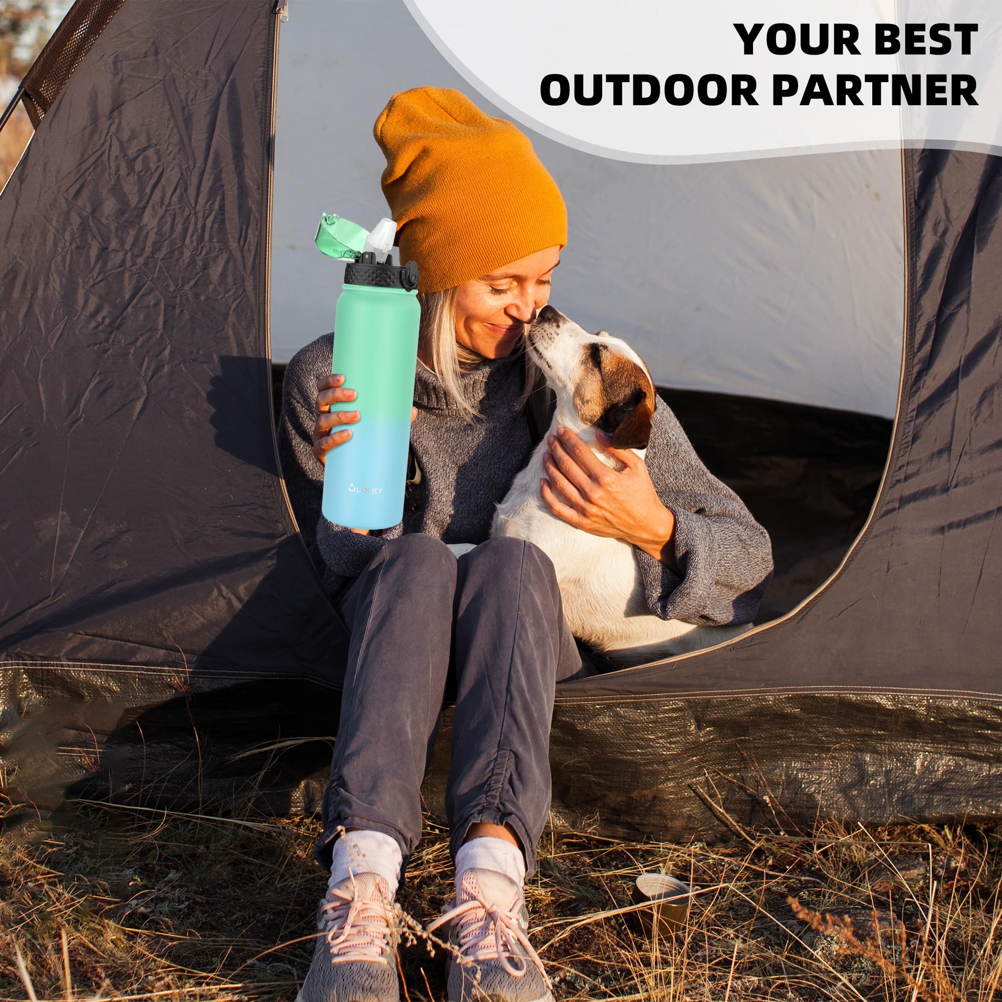 OLDLEY Stainless Steel Water Bottle with Straw 1L Vaccum Insulated Large Drink Flask Metal Water Bottles 1 Litre Leakproof Keep Drinks Hot Cold for Sports Gym with Different Lids(Purple Green, 3 Lids)