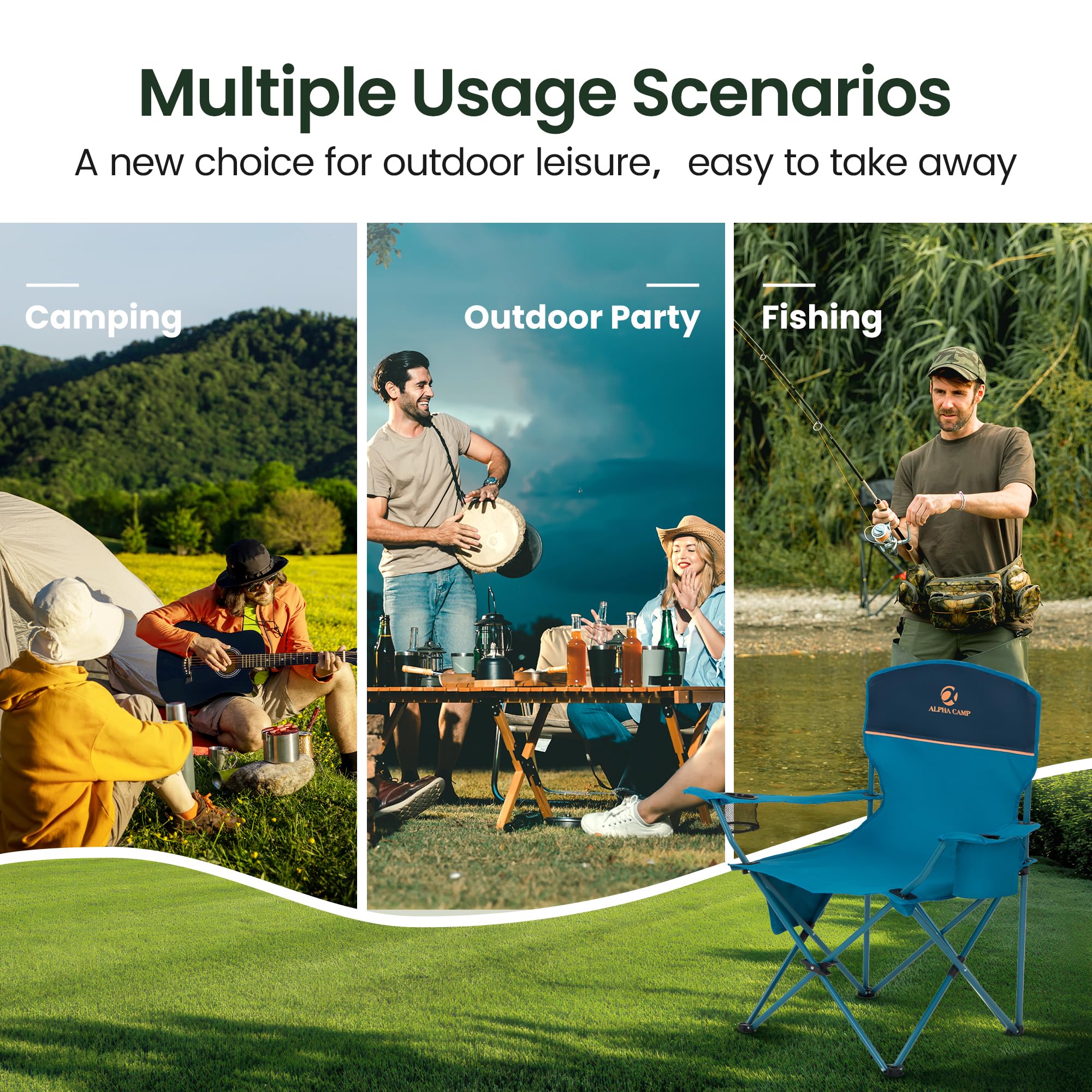 ALPHA CAMP Set of 2 Folding Camping Chairs with Cooler Bag & Cup Holder & Side Pocket Up to 120kg, Lightweight and Portable Camping Chair for Adults, Black